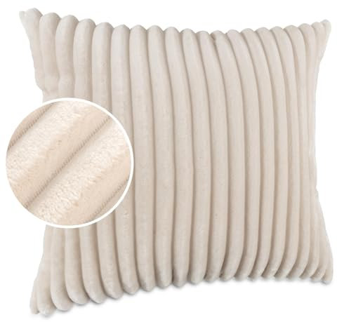 Dekokissen Kissenbezug Sofakissen Pillow Plüsch Kuschelkissen Zierkissen Cord Kissen Couchkissen Kord Kissenhülle ultraweich gestreift Lilli 50x50cm ohne Füllung Elfenbein