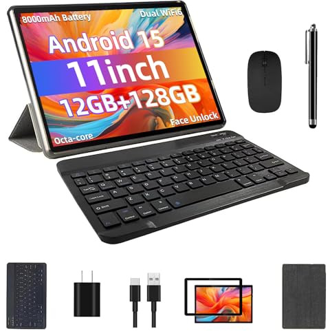 Android 15 Tablet, 12GB+128GB +1TB Expand, Face Unlock, 8000mAh Big Battery+18W Fast Charging, Dual Stereo Speakers, Octa-core CPU, WiFi6, BT5.0,Touchscreen Display, 11inch 2in1 Tablet PC Tableta