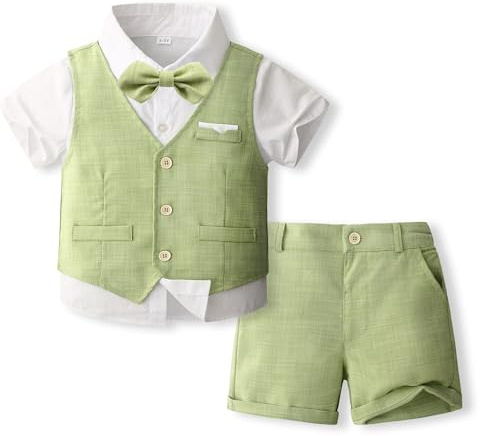 Volunboy Bébé Garçon Ensemble Costume, Mariage d'été 4 Pièces Ensemble à Manches Courtes de Gilet, Court, Chemise