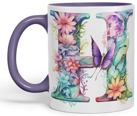 Vixar Letter H Mug, Floral Flowers Butterfly Alphabet Letter H Monogram Watercolour Ceramic Coloured Mug Cup for Tea Coffee Hot Brew 330ml 11Oz Gift (Purple)