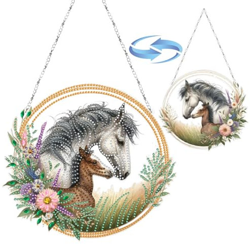 CXINLky DIY Diamond Art Painting Anhänger mit Kette, Tier Diamant Painting Fensterbilder, Kreatives 5D Diamond Malerei Wandbehang Kits für Fenster Wand Garten Decor-02-Pferd