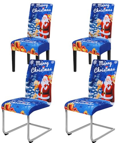Yugarlibi Weihnachten Stretch Stuhlhussen 4er Set Stuhlbezug Schwingstuhl Universal Elastische Esszimmerstühle Bezug Xmas Waschbare Stühle Schutz für Esszimmer Hotel Party (4 Stück, Blau)