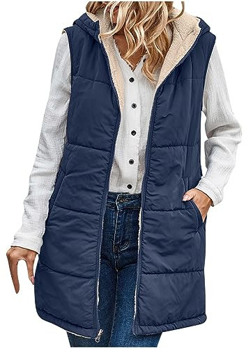 Keepink Long gilet d'hiver chaud réversible sans manches en polaire décontracté à capuche avec poches et fermeture éclair intégrale, manteau coupe-vent épais et chaud pour femme, 016 Bleu, XXL