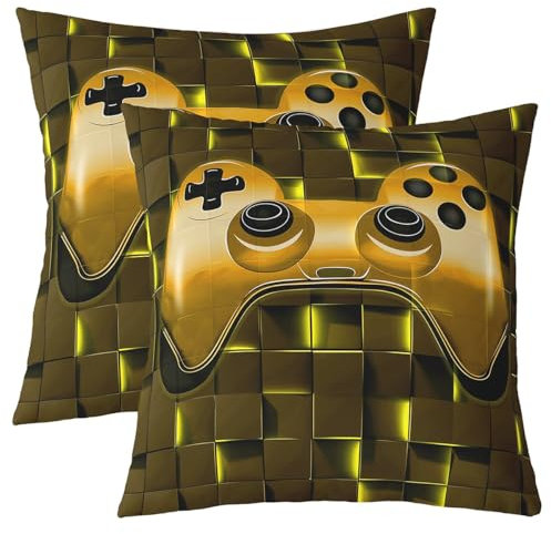 Juego de 2 fundas de almohada geométricas de 45,7 x 45,7 cm, fundas de cojín para niños, color negro y amarillo quemado, fundas de cojín para videojugadores, fundas de cojín cuadradas con mando de