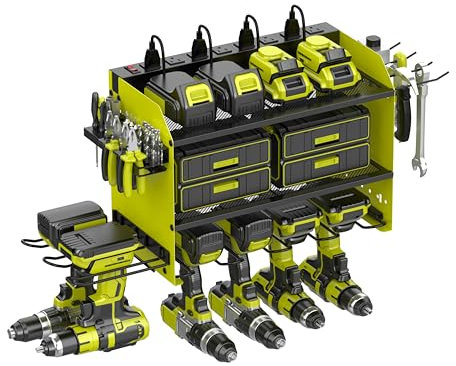 Wandhalterung für Bohrmaschinen mit Ladestation, Elektrowerkzeug-Organizer, Bohrer-Halter, Bohrer-Organizer für Garage, Werkstatt, hält 4 Bohrer mit 8 Steckdosenleiste (grün, dreilagig)