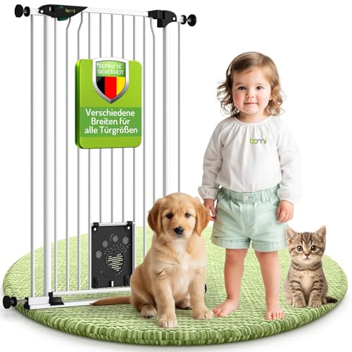 BOMI Tierschutzgitter Mira | Türschutzgitter mit Katzenklappe | Ideales Absperrgitter Hund, Katzengitter Tür & Welpen Zubehör | Hundegitter Wohnung weiß Metall | Breite: 123-133 cm