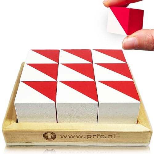 PrfcNL IQ-kub trä pussel 9 kubblock i vitt och rött, 2,5 x 2,5 x 2,5 cm, med 60 mönster och app