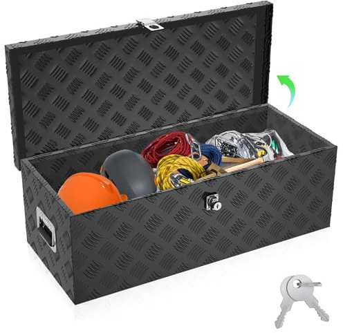 SUBTLETY 38L Aluminium Werkzeugkästen mit 2 Schlüssel Abschließbare Transportbox Wasserdichte Metallkiste Werkzeugkoffer Aufbewahrung Deichselbox mit Deckel Alukiste für PKW Anhänger (Schwarz)