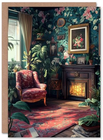 Artery8 Greeting Card Plant Lover Cozy Fireplace Floral Tapestry For Her Woman Birthday Card