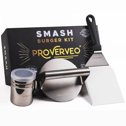PROVERVEO Smash Burger Kit Professionale in Acciaio Inox + Ebook di Ricette | Pressa per Hamburger e Accessori Smasher Hamburger | Smash Burger Press | Include Insaporitore e Spatola