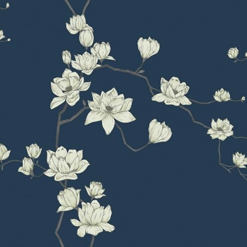 Fiula Navy Blue Peel and Stick Wallpaper Floral Self Adhesive Vinyl Wrap Roll Stick on Wallpaper Vintage Botanical Contact Paper Furniture Sticker Cabinet White Flower Bedroom Waterproof 41CMx10M