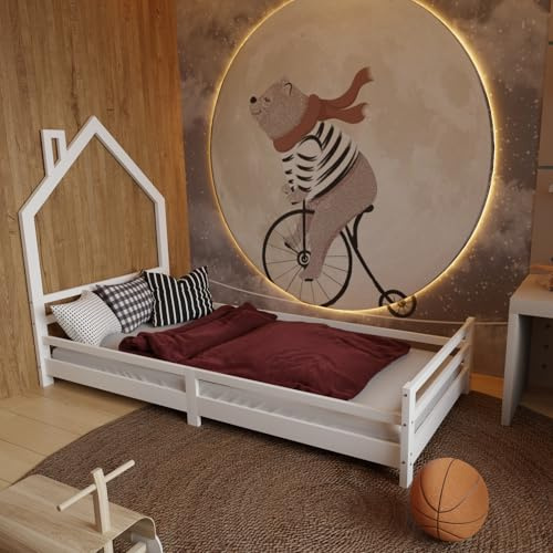HAGO24 | Kinderbett Hausform | 90x200cm | Massivholz Kiefer | Lattenrost | Spielbett | Rausfallschutz | Einzelbett | Weiß | Dach | Kinderzimmer