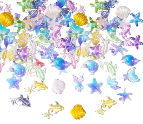 BOXOB 50pcs Summer Ocean Nail Charms, 3D Resin Sea Shell Starfish Beach Rhinestone Nail Charms Ocean Beachy Series Mermaid Theme Decoration for Women Manicure Art Ornaments Accessories