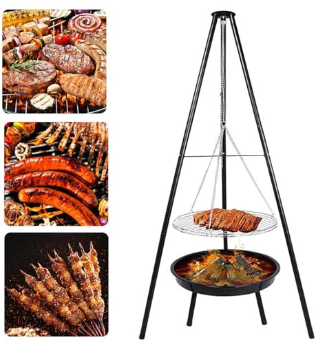 Tripod Grill Barbecue Fire Pit Charcoal Portable Swivel 160cm Height Adjustable- Portable, Foldable BBQ for Garden, Camping & Beach - Heavy-Duty Steel (Steel Black)