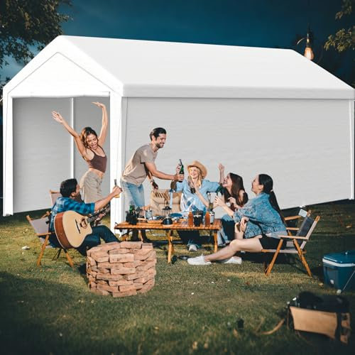 Kidsgigglz Tonnelle Carport 4x8 m, Grande Tente de Garage, résistante aux Conditions Hivernales, Porte à enroulement, Toit et parois latérales, comme pour véhicules, Bateaux et matériels agricoles