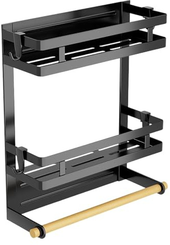 BEOSIOR Magnetic Spice Rack for Fridge, 2 Layer Shelf with Paper Towel Holder Roll and 4 Hooks, Adjustable Spice Organiser, Magnetic Fridge Shelf for Spice Jars and Seasoning Bottles, Black