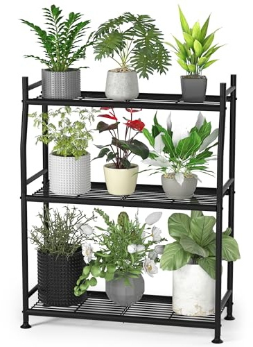 Yutrchey 3-stöckiger Pflanzenständer für drinnen und draußen, wasserdichtes Metall-Pflanzenregal für mehrere Blumen-Pflanzgefäßhalter, Pflanzenständer für Garten, Balkon, Wohnzimmer, Schwarz