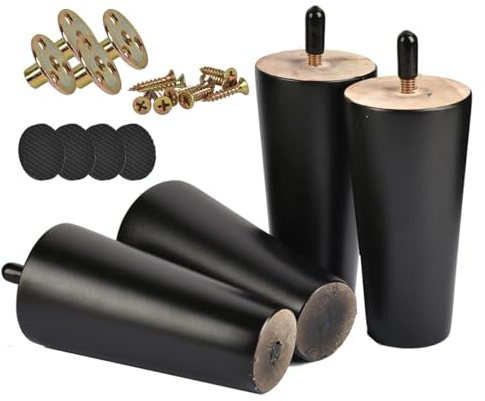 ACOLY Lot de 4 pieds de meuble en bois massif, 15 cm, noir, avec boulons M8, plaque de montage, vis et tapis antidérapant pour canapé, fauteuil, meuble TV