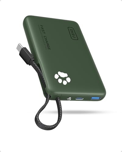 INIU Smaller 10000mAh Power Bank, 20W PD Fast Charging Portable Charger | Flashlight, Built in USB C Cable, Flight-Safe, Travel Essential, Battery Phone Pack for iPhone 17 16, Samsung S26, Green