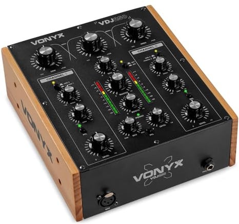Vonyx VDJ250 DJ Mischpult 2 Kanal – Analog Rotary Mixer Audio mit 2-Band EQ & 3-Band Isolator – Retro DJ Mischer Schwarz Holzoptik – Kompakt Sound Mixer für Vinyl – XLR & Booth Output