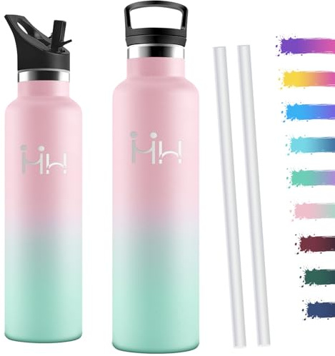 Motswedi Gourde Isotherme 1l, avec Paille, Bouteille Isotherme, Anti-Fuite, Thermos, Poignée de Transport, Gourde Inox, Réutilisable, Thermos 1l pour Voyage, Camping, Gym, Rose Clair & Vert Clair