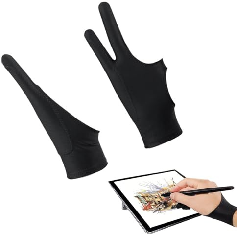 Set 2 Guanti da Disegno per Tavoletta Grafica, Guanto a Due Dita Elastico e Antisudore, Protezione Anti-sfregamento per iPad, Monitor e Artisti Digitali, Design Ambidestro Taglia Unica (Nero)