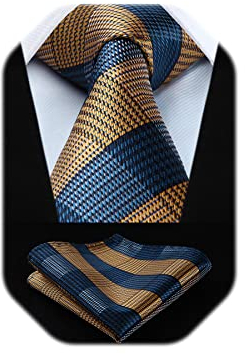 HISDERN Krawatten Herren Karierte Krawatte mit Einstecktuch Formelle Klassische Hochzeit Herrenkrawatte und Taschentuch Set für Männer Braun & Blau