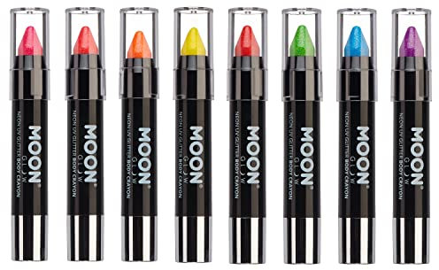 Moon Glow Neon UV Glitter Bâton de peinture pour le visage/crayon de maquillage pour le visage et le corps – Brille brillamment sous l'éclairage UV, 8 pièces (lot de 1)