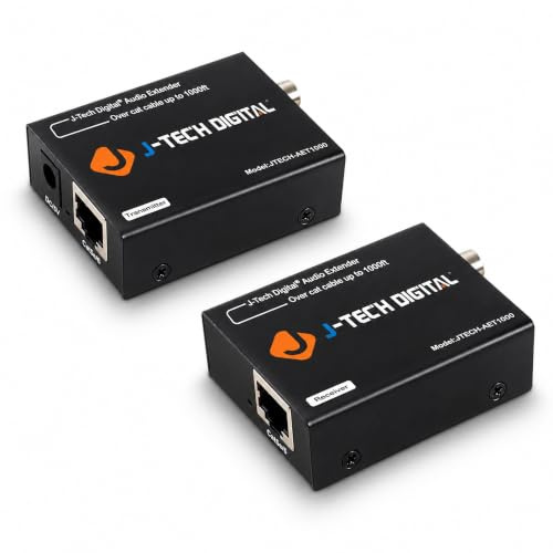 J-Tech Digital Digital Audio Extender Converter for Optical/Coaxial Audio Over Single Cat5e/6 Cable (PoC) up to 990’ (300m) for Dolby Digital, DTS 5.1, DTS-HD, PCM [JTECH-AET1000]