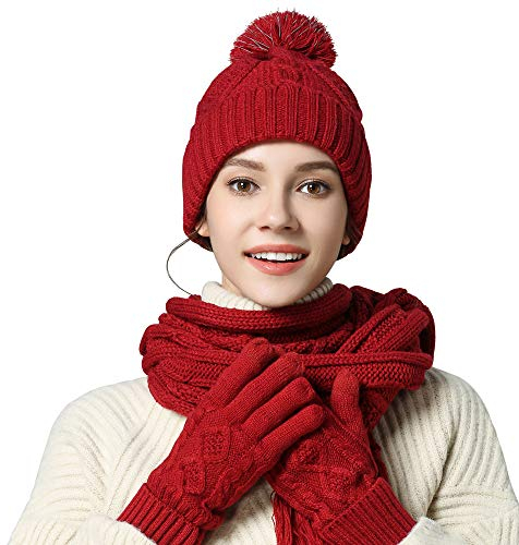 Chloria Stricken Mütze,Schal und Handschuh Set Frauen Männer Mädchen Unisex Zopfmuster Strickmütze erdicken Schal Handschuh Hut Gesetzt Winter Kombi Geschenkset (Hellrot)