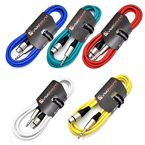 VisioSound 5 x Female XLR to 6.35mm Stereo TRS Jack Lead/Balanced Signal/Audio Patch Cable (Multi-Coloured, 3m, Pack of 5)