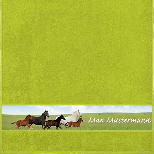 Manutextur Duschtuch mit Namen - personalisiert - Motiv Tiere - Pferde - viele Farben & Motive - Dusch-Handtuch - hellgrün - Größe 70x140 cm - persönliches Geschenk mit Wunsch-Motiv und Wunsch-Name