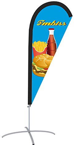 Vispronet Beachflag Imbiss Fastfood - versch. Bodenelemente - Höhe 2,04 m - Indoor- & Outdoor (Kreufuß mit Rotator)