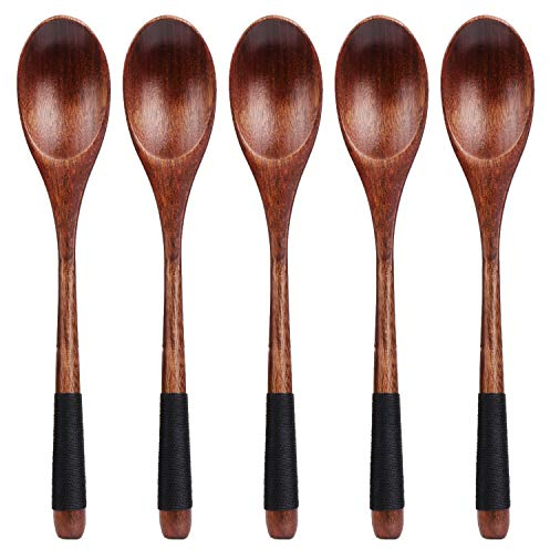 Coolty Lot de 5 Cuillère à Soupe en Bois, Cuillère à Riz Coréenne Japonaise à Long Manche, Ustensiles de Cuisine pour Mélanger le Remuage