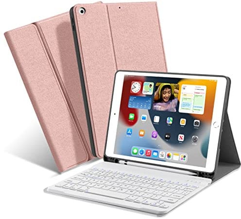 XIWMIX iPad 10.2 Keyboard Case 9th Generation(2021)/ 8th Gen(2020)/ 7th Gen(2019), Slim Smart Protective Case with Pencil Holder and Magnetic Wireless Detachable Bluetooth Keyboard, Rose Gold