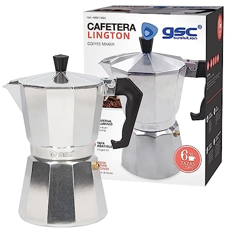 GSC Evolution Cafetera Italiana de Aluminio | 6 tazas | Apta para Todo Tipo de Cocinas |Inducción, Gas, Eléctrica | Color Plata | Fácil Montaje y Desmontaje