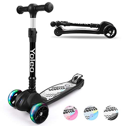 YOLEO Trottinette Enfants Pliable, Trottinette 3 Roues avec LED Roues Plateau Antidérapant, Trotinette réglable en Hauteur