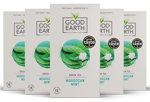 Good Earth Tea Co. Moroccan Mint Green Tea, 5 x 15 Tea Bags | Spearmint Blend, Bold Flavour, Natural Ingredients, Vegan, Compostable Teabags, Recyclable Packaging, Multipack