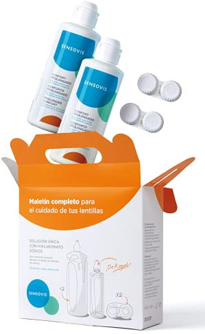 SENSOVIS Líquido lentillas solución unica 2 x 360ml + 100ml para viaje | Con más ácido hialurónico, calidad oftalmológica | Incluye 2 x estuches lentes de contacto