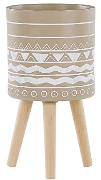 Beliani Cache-Pot Support Plantes Beige avec 3 Pieds en Bois 25 cm de Diamètre Motif Ethnique Peint à la Main pour Extérieur et Intérieur