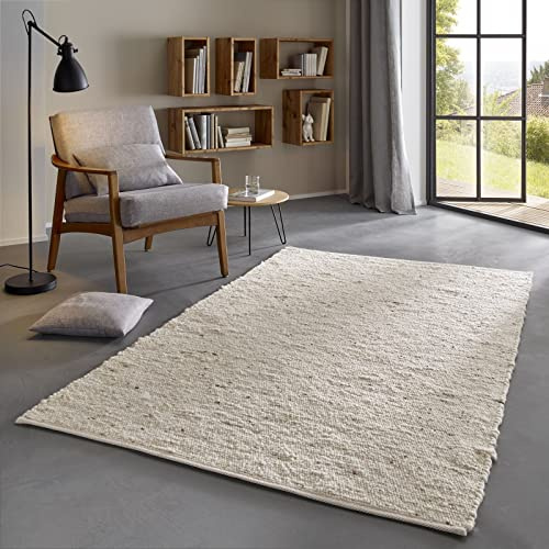 Taracarpet Skandi Landhaus Teppich Hand-Web-Teppich aus hochwertiger Schurwolle 2700 Gramm/qm beidseitig legbar echte Handarbeit Natur weiß Meliert 200x300 cm