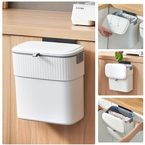 ELPHECO Cubo de basura pequeño colgante con tapa para puerta de armario de cocina, contenedor de compostaje de cocina de 2.5 galones para debajo del fregadero, cubo de basura de plástico montado en la