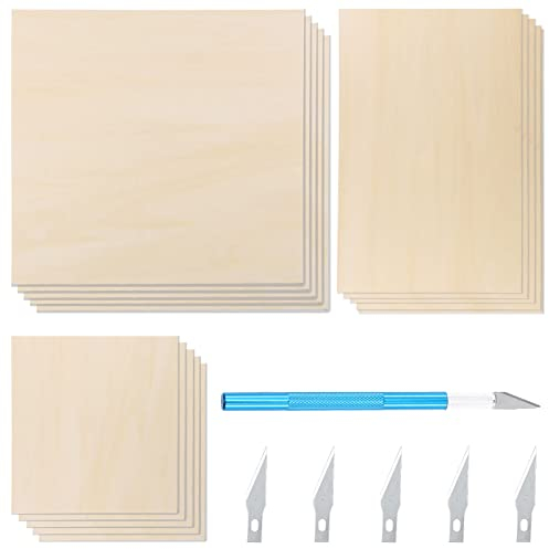 Glarks Basswood Sheets with Craft Knife Set, 21 Pieces, 20 x 20 cm, 3mm Thin Natural Unfinished Plywood Board, Craft Wood for Model Making, Wood Burning and Laser Projects