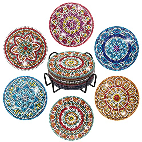 Temlum 6 Pcs Diamond Painting Coasters Kit with Holder, DIY Mandala Diamond Art Coaster Kits for Beginners, Adults Art Craft Supplies