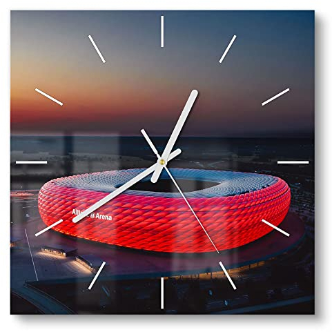 DEQORI Glasuhr | 30x30 cm | Motiv Allianz Arena, München | ausgefallene leise Design Uhr aus Glas | Wanduhr für Wohnzimmer & Küche | moderne Hingucker Uhr für die Wand