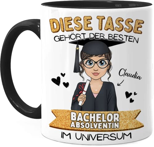 Tassenliebling® Bachelor Tasse Personalisiert Schwarz - Beidseitiger Druck - Abschluss Geschenk - Für Die Beste Absolventin - Bestandene Prüfung Zum Studienabschluss