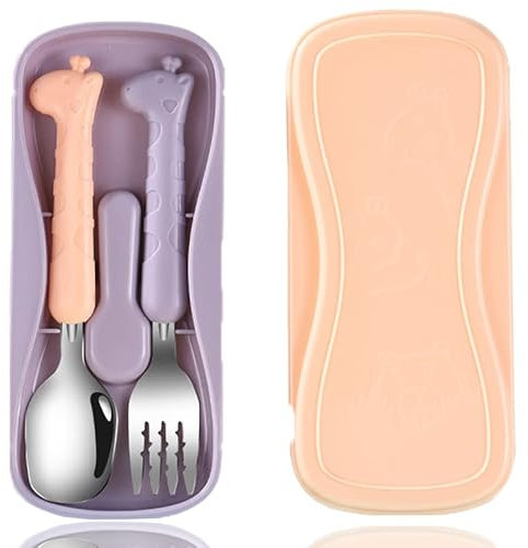 Tenedor Bebe, WitBicg Cubiertos Bebe, Cubiertos Infantiles Acero Inoxidable, Talheres Bebe Ayuda a Alimentar Al Bebé, Aumentar El Apetito, Aptas Para El Lavavajillas Con Maleta De Viaje - Jirafa (B)