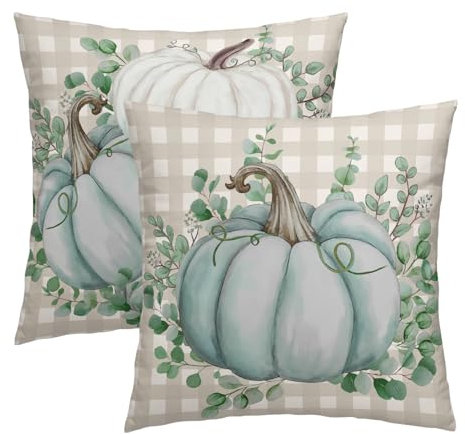 Kawani Fall Blue Pumpkin Buffalo Plaid Kissenbezüge 45,7 x 45,7 cm Set mit 2 Herbst Thanksgiving Überwurf dekorative Kissen Outdoor Bauernhaus Hüllen für Zuhause Couch Bett Sofa Stuhl Dekor (BZ)