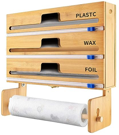 Neues Upgrade Folienschneider mit Schneidevorrichtung Bambus,Frischhaltefolie Schneider mit Küchenrollenhalter,Plastikfolie,Aluminiumfolie und Wachspapierspender,kompatibel mit 12 Zoll Rollen (4 in 1)