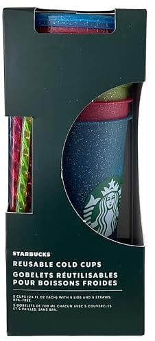STARBUCKS Lot de 5 tasses froides réutilisables avec couvercle et paille, ventilé, 709 ml